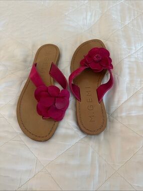 M. Gemi Fuchsia Floral Leather Thong Sandals with Tan Footbed